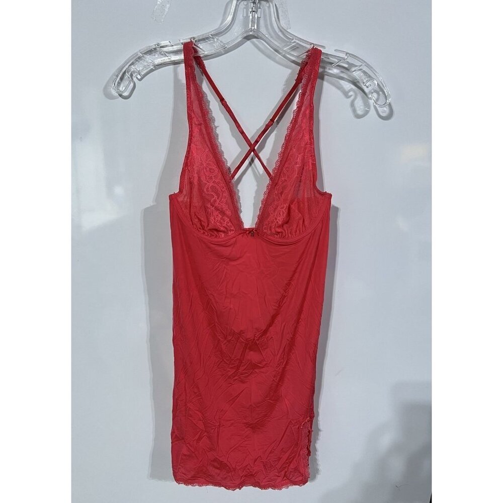 Victoria Secret Coral Lace Trim Chemise Slip Teddy Nighty Lingerie 36B